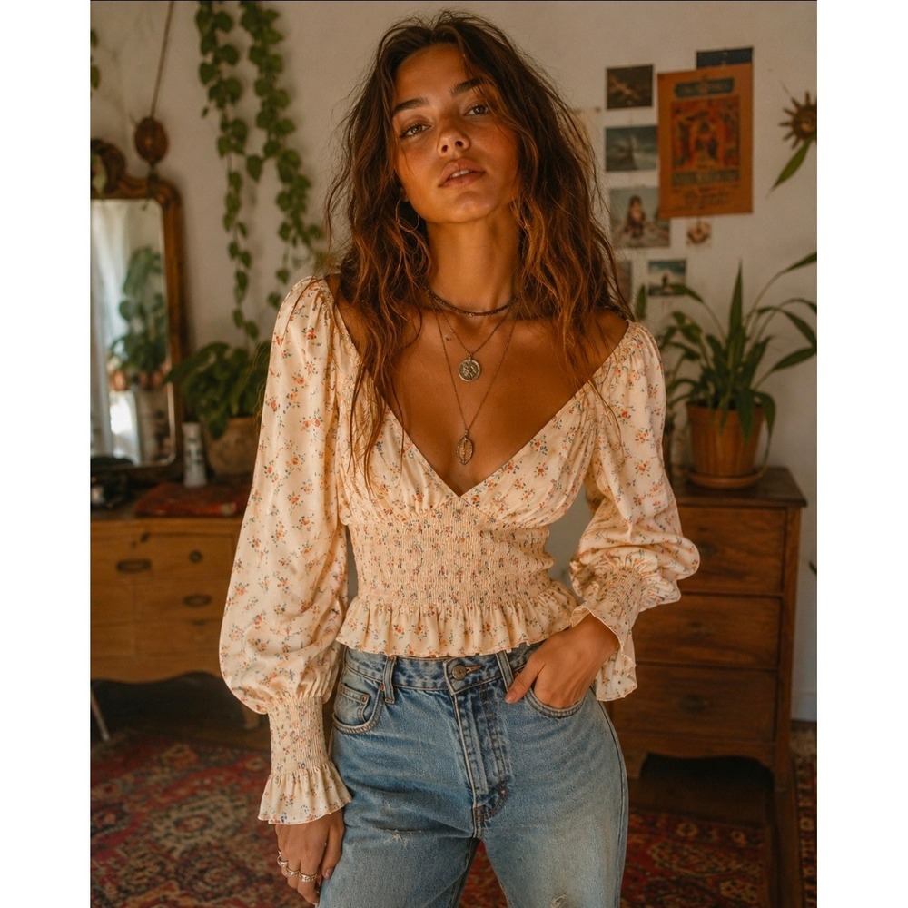 WAYF Floral Boho Cottagecore Smocked Waist Crop Top V-Neck Puff Sleeve Blouse XL